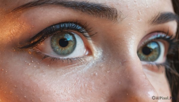 1girl, solo, brown hair, green eyes, blurry, eyelashes, light particles, close-up, reflection, eye focus