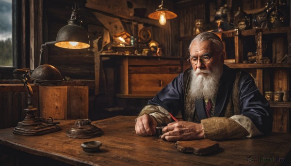 solo,long sleeves,1boy,holding,sitting,closed mouth,upper body,white hair,grey hair,male focus,glasses,indoors,window,facial hair,table,beard,desk,round eyewear,mustache,lamp,old,old man,writing,wrinkled skin,inkwell,necktie,realistic,bald,manly,smoking pipe