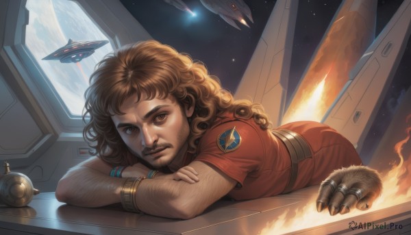 solo,long hair,looking at viewer,brown hair,gloves,1boy,brown eyes,jewelry,short sleeves,male focus,sky,indoors,signature,bracelet,lips,window,leaning forward,facial hair,crossed arms,ring,fire,red shirt,star (sky),beard,starry sky,science fiction,curly hair,realistic,aircraft,nose,mustache,airplane,space,planet,earth (planet),spacecraft,arm hair,rocket,belt,watch,emblem,badge,insignia