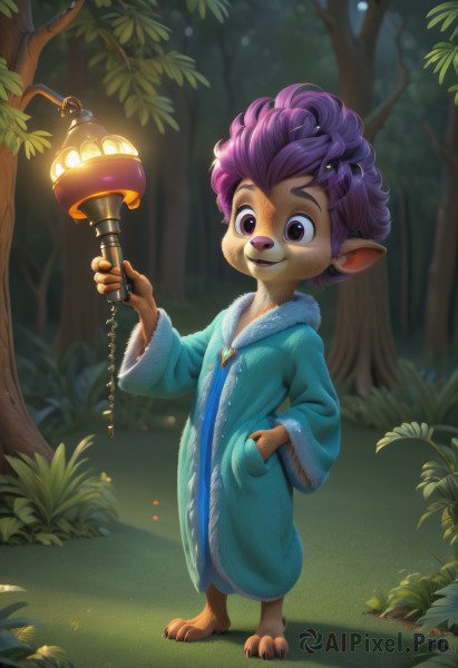 solo,smile,short hair,1boy,holding,animal ears,jewelry,standing,purple eyes,full body,purple hair,male focus,outdoors,barefoot,pointy ears,artist name,wide sleeves,tree,leaf,grass,gem,child,nature,furry,forest,freckles,hand in pocket,robe,lantern,lamp,male child,1girl,open mouth,long sleeves,brown eyes,teeth,hand up,signature,blurry,fur trim,night,watermark,web address,claws,body fur,animal nose,brown fur,two-tone fur