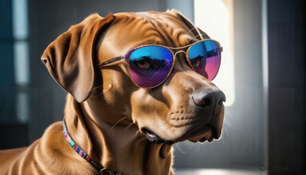 HQ,solo,looking at viewer,1boy,jewelry,closed mouth,male focus,glasses,indoors,necklace,blurry,no humans,blurry background,animal,cat,sunglasses,portrait,eyewear on head,close-up,meme,dog,realistic,tinted eyewear,animal focus,whiskers,open mouth,brown eyes,collar,depth of field,animal collar,clothed animal,shiba inu