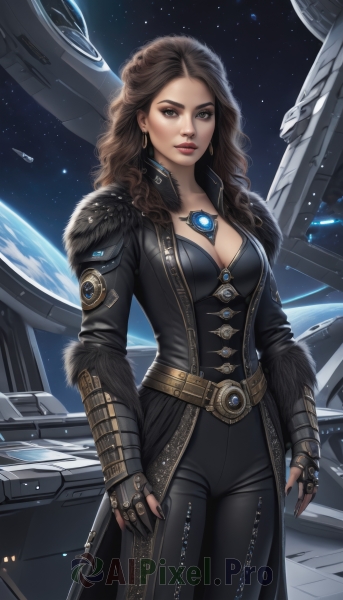 1girl,solo,long hair,breasts,looking at viewer,brown hair,gloves,cleavage,brown eyes,jewelry,medium breasts,standing,cowboy shot,earrings,black gloves,belt,pants,fingerless gloves,necklace,lips,fur trim,bodysuit,makeup,wavy hair,black pants,lipstick,gem,star (sky),buckle,science fiction,realistic,nose,arms at sides,red lips,space,leather,planet,earth (planet),spacecraft,jacket,nail polish,mole,black jacket,black nails,curly hair,hoop earrings