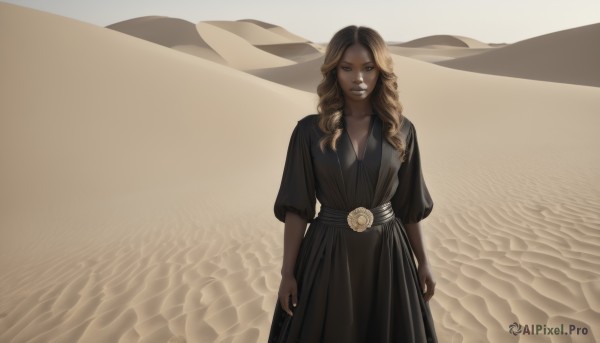 1girl,solo,long hair,breasts,looking at viewer,blonde hair,brown hair,dress,holding,cleavage,brown eyes,medium breasts,closed mouth,standing,collarbone,short sleeves,cowboy shot,outdoors,belt,dark skin,black dress,dark-skinned female,lips,curly hair,sand,arms at sides,desert