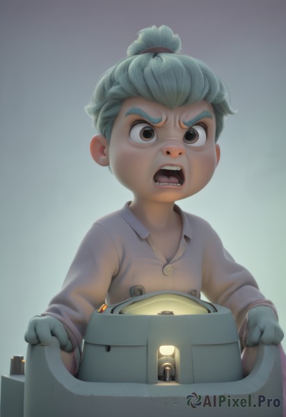 solo,looking at viewer,open mouth,shirt,gloves,1boy,brown eyes,upper body,grey hair,male focus,green hair,teeth,black eyes,robot,child,female child,male child,1girl,short hair,simple background,long sleeves,white shirt,collared shirt,artist name,watermark,thick eyebrows,web address,freckles,realistic