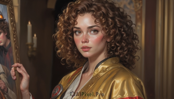 1girl,solo,long hair,looking at viewer,blush,brown hair,hat,brown eyes,upper body,parted lips,indoors,lips,wavy hair,messy hair,freckles,curly hair,robe,mirror,realistic,nose,candle,1boy,blurry,eyelashes,chinese clothes,reference inset