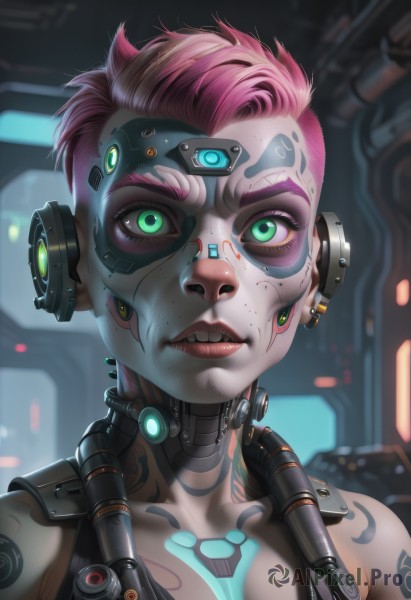 1girl,solo,breasts,looking at viewer,short hair,cleavage,bare shoulders,jewelry,green eyes,collarbone,upper body,pink hair,earrings,parted lips,teeth,blurry,lips,eyelashes,tattoo,makeup,blurry background,glowing,headgear,lipstick,portrait,close-up,eyeshadow,freckles,science fiction,asymmetrical hair,nose,red lips,eyeliner,cable,very short hair,undercut,cyborg,dirty,neon trim,mascara,cyberpunk,dirty face,mechanical parts,artist name,scar,robot,scar on face,realistic,bandaid on nose,mohawk