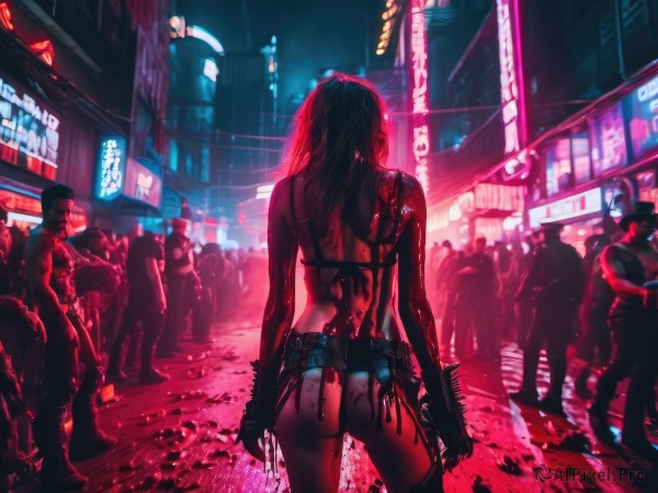 1girl,long hair,gloves,hat,holding,bare shoulders,underwear,standing,panties,swimsuit,weapon,ass,bikini,outdoors,multiple boys,solo focus,black gloves,belt,fingerless gloves,from behind,holding weapon,bra,gun,blood,tattoo,night,back,building,6+boys,thong,city,facing away,road,dark,police,street,police uniform,crowd,cyberpunk,back tattoo,neon lights,6+others,black hair,wet,black bikini,ground vehicle,web address,motor vehicle,rain,thong bikini