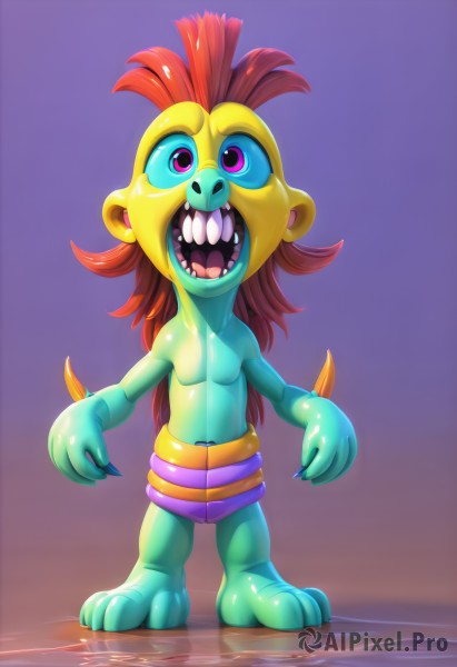 solo,long hair,smile,open mouth,simple background,1boy,standing,purple eyes,full body,male focus,red hair,shorts,teeth,tongue,pink eyes,water,no humans,saliva,colored skin,fangs,sharp teeth,claws,reflection,purple background,multicolored eyes,green skin,looking at viewer,red eyes,belt,artist name,watermark,wading,ripples,yellow skin