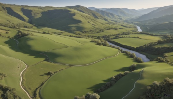 outdoors,sky,day,cloud,water,tree,no humans,grass,nature,scenery,forest,mountain,road,field,river,landscape,mountainous horizon,lake,hill,from above,bush,path