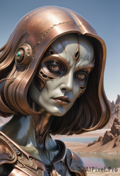 1girl,solo,looking at viewer,short hair,brown hair,brown eyes,collarbone,upper body,outdoors,parted lips,sky,teeth,day,artist name,signature,armor,blue sky,lips,colored skin,headgear,portrait,science fiction,realistic,nose,cyborg,desert,shiny,rock,blue skin