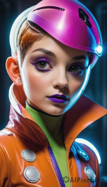 1girl,solo,looking at viewer,short hair,brown hair,shirt,brown eyes,green eyes,jacket,upper body,lips,eyelashes,bodysuit,makeup,turtleneck,helmet,lipstick,portrait,eyeshadow,zipper,realistic,nose,eyeliner,purple lips,mascara,purple eyeshadow,artist name,multicolored clothes,orange jacket,cyberpunk