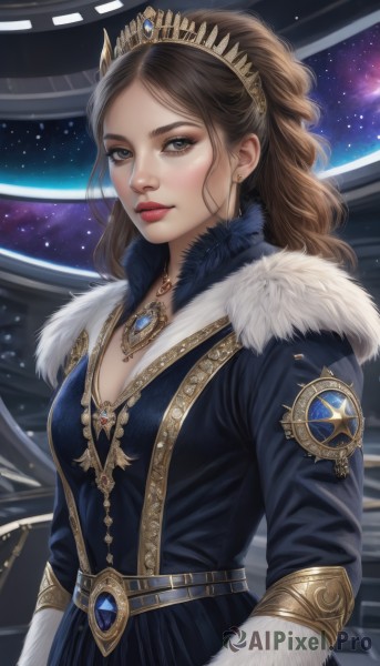 1girl,solo,long hair,breasts,looking at viewer,blue eyes,brown hair,long sleeves,dress,cleavage,brown eyes,jewelry,medium breasts,closed mouth,upper body,earrings,belt,necklace,lips,coat,fur trim,makeup,blue dress,tiara,crown,lipstick,gem,star (sky),pendant,realistic,nose,red lips,space,blue coat,bangs,ponytail,wavy hair,fur collar,emblem