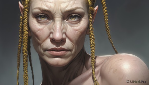 solo,looking at viewer,blonde hair,1boy,brown eyes,closed mouth,collarbone,yellow eyes,braid,male focus,pointy ears,tears,twin braids,lips,crying,portrait,close-up,realistic,nose,1girl,long hair,shiny,scar,elf,freckles