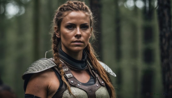 1girl,solo,long hair,looking at viewer,blonde hair,brown hair,upper body,braid,dark skin,armor,blurry,lips,blurry background,shoulder armor,pauldrons,breastplate,realistic,gorget,chainmail,blue eyes,parted lips,nature,forest