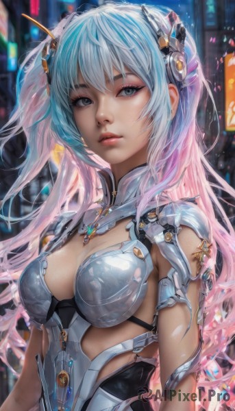 1girl,solo,long hair,breasts,looking at viewer,bangs,blue eyes,hair ornament,cleavage,medium breasts,blue hair,upper body,pink hair,multicolored hair,parted lips,armor,blurry,two-tone hair,lips,grey eyes,clothing cutout,bodysuit,gradient hair,makeup,blurry background,headgear,science fiction,realistic,nose,jewelry,closed mouth,outdoors,shiny,artist name,eyelashes,watermark,expressionless,arms at sides,cyberpunk