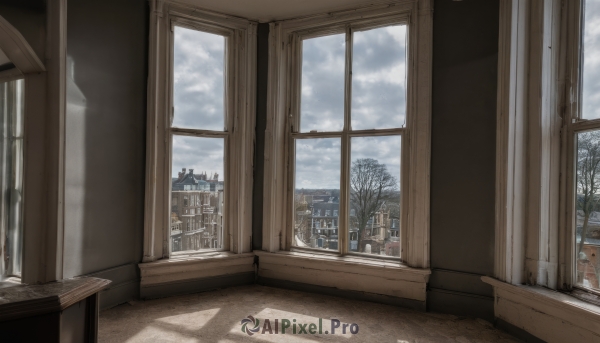 outdoors,sky,day,cloud,indoors,tree,blue sky,book,no humans,window,shadow,chair,table,cloudy sky,curtains,building,scenery,snow,city,door,cityscape,house,winter,bare tree,newspaper,wall