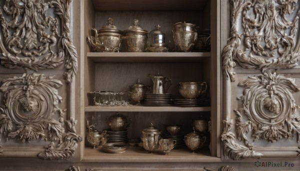 monochrome,cup,no humans,bottle,feathers,scenery,plate,teacup,spoon,teapot,saucer,statue,jar,still life,hourglass,indoors,plant,fantasy,sepia,painting (object)