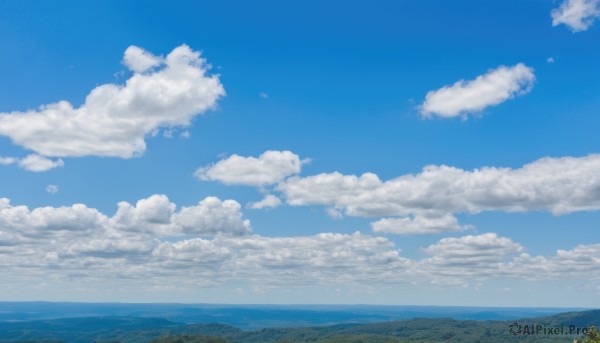 outdoors,sky,day,cloud,water,blue sky,no humans,ocean,cloudy sky,nature,scenery,blue theme,mountain,horizon,field,landscape,mountainous horizon,hill,multiple girls,bird,grass,aircraft