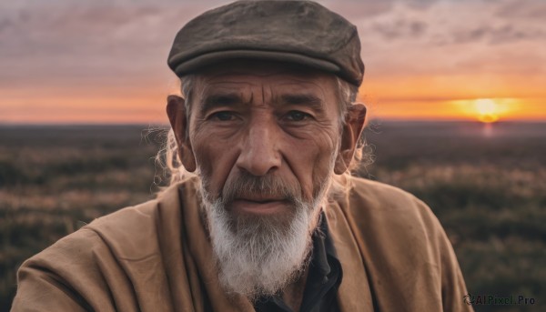 solo,looking at viewer,shirt,1boy,hat,closed mouth,jacket,upper body,white hair,male focus,outdoors,sky,collared shirt,cloud,blurry,black eyes,coat,black shirt,depth of field,blurry background,facial hair,beret,portrait,beard,sunset,brown jacket,mature male,realistic,mustache,sun,manly,old,brown coat,old man,wrinkled skin,grey hair,ocean,thick eyebrows,cloudy sky,horizon,smoking