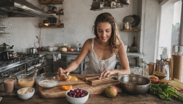 1girl,solo,long hair,brown hair,black hair,dress,holding,bare shoulders,closed mouth,closed eyes,upper body,food,sleeveless,indoors,cup,lips,fingernails,window,fruit,table,bottle,knife,camisole,plate,drinking glass,bowl,realistic,spoon,fork,apple,basket,holding knife,bread,egg,cooking,orange (fruit),kitchen,jar,tomato,vegetable,frying pan,sink,spatula,counter,lettuce,kitchen knife,cutting board,onion,salad,breasts,smile,jewelry,mole,ring,carrot,orange slice,stove