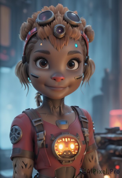 1girl,solo,looking at viewer,smile,short hair,brown hair,shirt,twintails,brown eyes,closed mouth,upper body,short sleeves,dark skin,hair bun,blurry,flat chest,dark-skinned female,lips,double bun,blurry background,robot,short twintails,goggles,ground vehicle,red shirt,child,motor vehicle,goggles on head,android,female child,collarbone,tattoo,glowing,t-shirt,backlighting,cyborg,cyberpunk