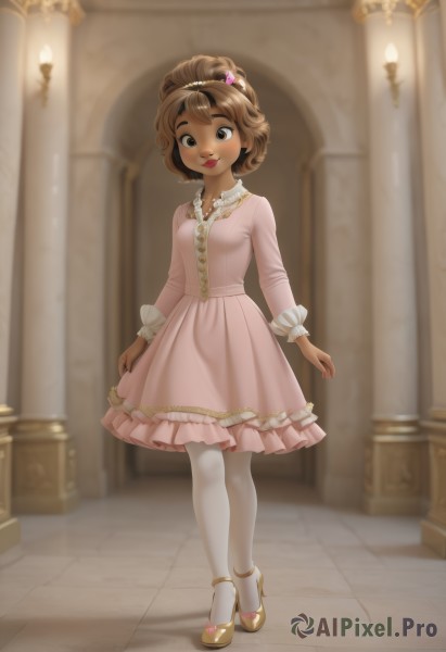 1girl,solo,breasts,looking at viewer,blush,smile,short hair,brown hair,hair ornament,long sleeves,dress,brown eyes,jewelry,closed mouth,standing,collarbone,full body,pantyhose,hairband,small breasts,frills,shoes,indoors,dark skin,necklace,blurry,high heels,dark-skinned female,lips,makeup,blurry background,frilled dress,lipstick,child,pink dress,white pantyhose,curly hair,arms at sides,red lips,female child,yellow footwear,very dark skin,bangs,bow,hair bow,heart,artist name,freckles,heart hair ornament,pink footwear