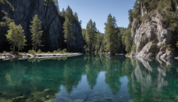 outdoors,sky,day,water,tree,blue sky,no humans,nature,scenery,forest,reflection,rock,mountain,river,waterfall,landscape,lake,reflective water