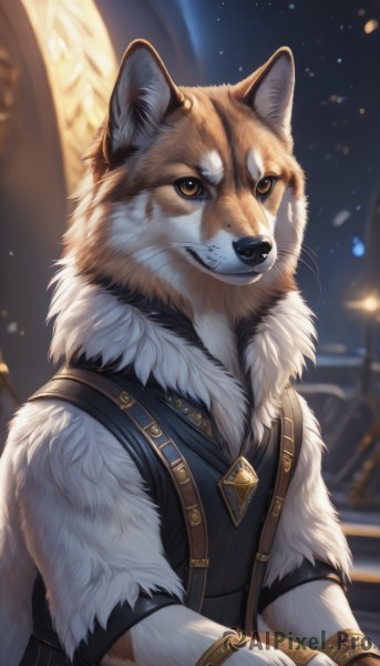 solo,looking at viewer,shirt,1boy,brown eyes,jewelry,closed mouth,yellow eyes,upper body,male focus,outdoors,artist name,signature,necklace,blurry,vest,black shirt,no humans,night,blurry background,animal,furry,colored sclera,dog,black vest,furry male,animal focus,white fur,whiskers,brown fur,fluffy,grey fur,teeth,fur trim,watermark,fur collar,wolf