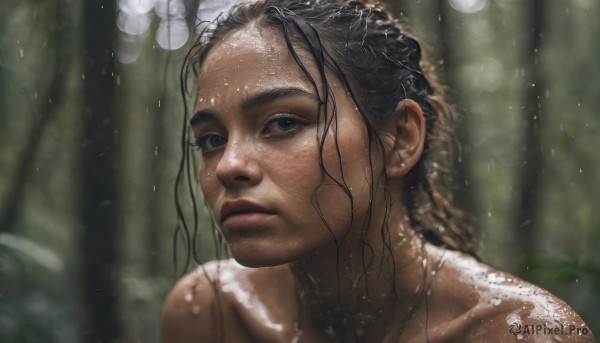 1girl, solo, looking at viewer, black hair, closed mouth, nude, dark skin, blurry, lips, wet, portrait, realistic, nose, wet hair