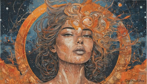 1girl,solo,long hair,looking at viewer,brown hair,black hair,parted lips,teeth,orange hair,black eyes,lips,floating hair,traditional media,portrait,star (sky),fish,underwater,painting (medium),surreal,goldfish,short hair,lying,grey eyes,makeup,half-closed eyes,lipstick,constellation,orange theme,black lips