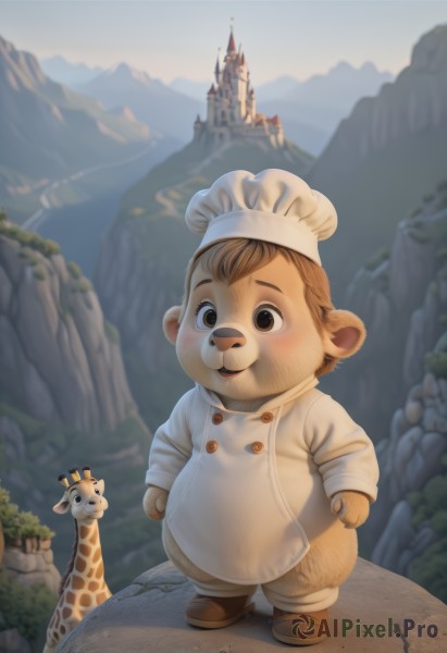 solo,blush,smile,open mouth,brown hair,long sleeves,1boy,hat,brown eyes,standing,tail,full body,male focus,outdoors,blurry,buttons,blurry background,animal,white headwear,brown footwear,furry,mountain,furry male,male child,castle,chef hat,chef,animal ears,sky,no humans,scenery,realistic,fantasy,landscape