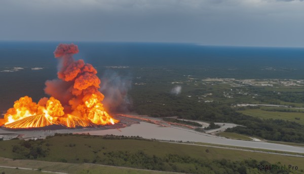 outdoors,sky,day,cloud,blue sky,no humans,ocean,fire,building,scenery,smoke,city,horizon,road,explosion,landscape,burning,tree,nature,forest