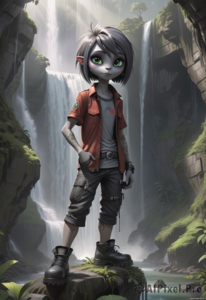 1girl,solo,looking at viewer,blush,smile,short hair,bangs,shirt,black hair,1boy,jewelry,green eyes,standing,jacket,full body,short sleeves,grey hair,male focus,boots,outdoors,open clothes,shorts,day,pointy ears,belt,pants,artist name,water,black footwear,bracelet,open jacket,tree,tattoo,colored skin,watermark,black pants,sunlight,red shirt,child,nature,red jacket,forest,hand in pocket,light rays,female child,male child,print shirt,grey skin,waterfall,parted lips,phone,cellphone,t-shirt,grey shirt,furry,furry male