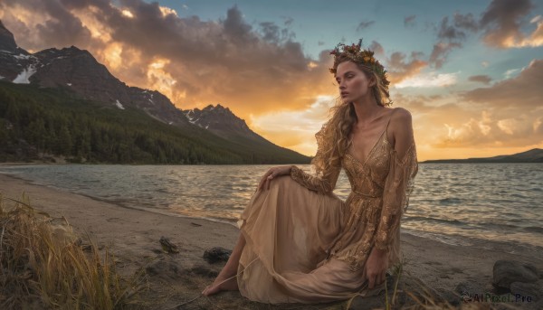 1girl,solo,long hair,breasts,skirt,blonde hair,brown hair,hair ornament,long sleeves,dress,cleavage,bare shoulders,jewelry,medium breasts,sitting,collarbone,full body,small breasts,outdoors,sky,barefoot,cloud,water,lips,looking to the side,dutch angle,bird,ocean,looking away,beach,cloudy sky,grass,tiara,nature,scenery,sunset,mountain,realistic,sand,horizon,looking afar,hand on own knee,on ground,landscape,mountainous horizon,shore,wheat,closed eyes,white dress,see-through,rock,head wreath,laurel crown