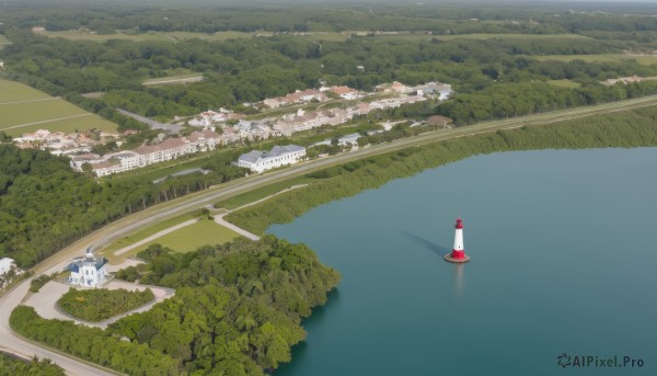 outdoors,day,water,tree,no humans,grass,building,nature,scenery,forest,city,road,cityscape,watercraft,house,bridge,river,boat,landscape,lake,sky,ocean,mountain,bush,street,town,real world location,traffic cone