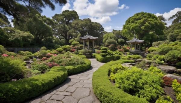 flower,outdoors,sky,day,cloud,tree,blue sky,no humans,cloudy sky,grass,plant,building,nature,scenery,forest,rock,stairs,road,bush,architecture,east asian architecture,shrine,path,stone lantern,garden,pavement