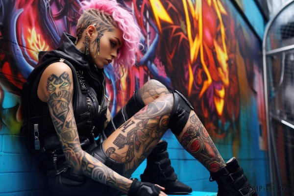 1girl,solo,short hair,gloves,jewelry,sitting,pink hair,earrings,boots,shorts,sleeveless,black gloves,belt,dark skin,fingerless gloves,black footwear,vest,from side,dark-skinned female,lips,tattoo,profile,piercing,ear piercing,nose,against wall,arm tattoo,knee pads,leather,undercut,leg tattoo,mohawk,cyberpunk,graffiti,alley,looking at viewer,jacket,shoes,hood,bag,black shorts,backpack,hood down,smoke,realistic,cable,facial tattoo,sleeveless jacket,dreadlocks,sleeveless hoodie,eyebrow piercing