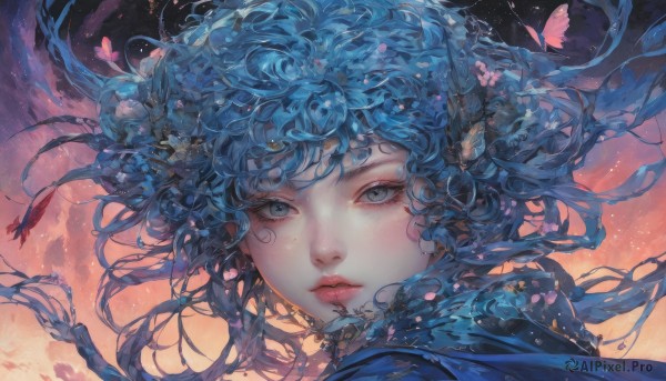 1girl,solo,long hair,looking at viewer,bangs,blue eyes,hair ornament,closed mouth,blue hair,flower,parted lips,sky,hair flower,lips,grey eyes,petals,eyelashes,floating hair,expressionless,bug,wind,butterfly,portrait,nose