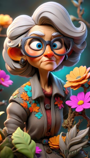 1girl,solo,looking at viewer,short hair,blue eyes,shirt,jewelry,closed mouth,jacket,upper body,flower,white hair,grey hair,earrings,glasses,artist name,blurry,lips,makeup,buttons,floral print,thick eyebrows,lipstick,pink flower,eyeshadow,black-framed eyewear,wide-eyed,yellow flower,nose,round eyewear,branch,stud earrings,old,mascara,old woman,breasts,blush,long sleeves,dress,collarbone,small breasts,open clothes,signature,coat,depth of field,blurry background,leaf,watermark,cardigan,red shirt,web address,backlighting,bespectacled,grey jacket,dirty,raised eyebrow,dirty face,deviantart username