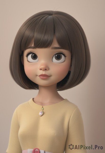 1girl,solo,breasts,looking at viewer,smile,short hair,bangs,simple background,brown hair,shirt,brown eyes,jewelry,closed mouth,upper body,small breasts,belt,blunt bangs,necklace,lips,eyelashes,bob cut,freckles,brown background,yellow shirt,nose,female child,white background,black eyes,realistic