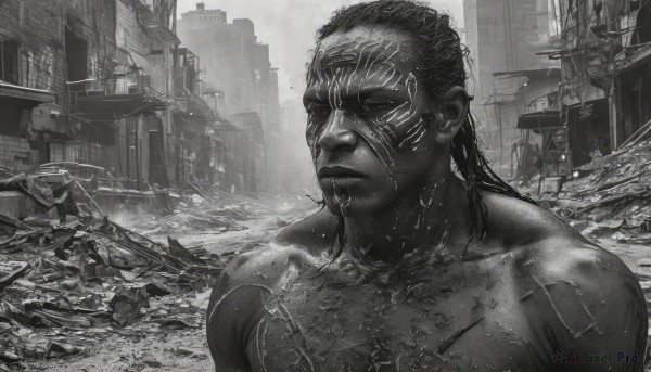 solo,1boy,closed mouth,monochrome,upper body,greyscale,male focus,outdoors,dark skin,wet,dark-skinned male,building,science fiction,city,realistic,ruins,cyberpunk,post-apocalypse,closed eyes,muscular,scenery,rain,topless male,wet hair