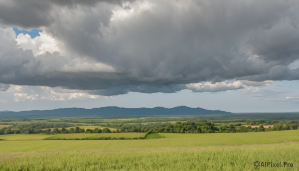 outdoors,sky,day,cloud,tree,blue sky,no humans,sunlight,cloudy sky,grass,building,nature,scenery,light rays,mountain,road,field,landscape,mountainous horizon,hill,forest,horizon