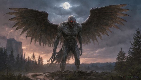 solo,looking at viewer,red eyes,1boy,standing,male focus,outdoors,wings,sky,cloud,tree,no humans,muscular,night,glowing,bird,moon,cloudy sky,nature,glowing eyes,claws,full moon,forest,black wings,monster,mountain,giant,demon,fog,tail,teeth,feathers,scenery,feathered wings,talons,spread wings