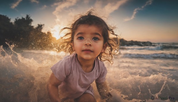 1girl,solo,looking at viewer,blue eyes,brown hair,shirt,black hair,white shirt,short sleeves,outdoors,parted lips,sky,shorts,cloud,water,blurry,tree,lips,ocean,beach,cloudy sky,t-shirt,messy hair,child,sunset,realistic,sand,female child,waves,long hair,short hair,wet,wet clothes,running,wet shirt,splashing,shore