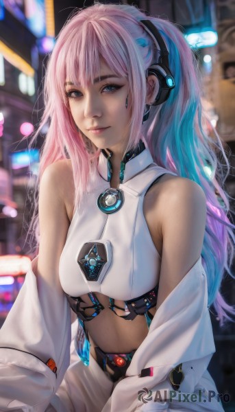 1girl,solo,long hair,breasts,looking at viewer,smile,bangs,blue eyes,shirt,navel,bare shoulders,medium breasts,sitting,closed mouth,blue hair,jacket,white shirt,ponytail,pink hair,multicolored hair,open clothes,sleeveless,midriff,off shoulder,blurry,two-tone hair,open jacket,lips,crop top,blurry background,white jacket,science fiction,realistic,nose,cyberpunk,long sleeves,twintails,jewelry,small breasts,shorts,artist name,gradient hair,piercing