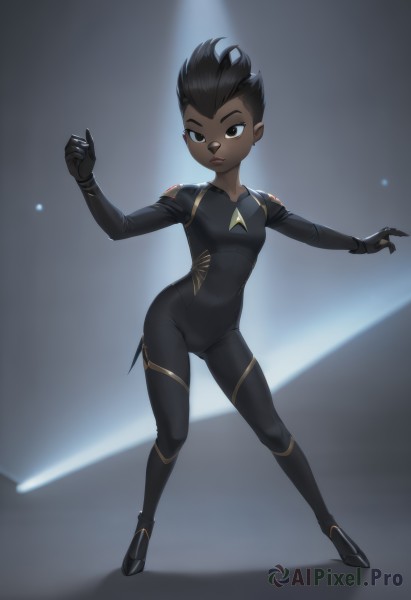 1girl,solo,breasts,looking at viewer,short hair,black hair,gloves,closed mouth,standing,full body,small breasts,dark skin,black eyes,dark-skinned female,bodysuit,skin tight,black bodysuit,very short hair,undercut,very dark skin,spotlight,brown eyes,aged down,spiked hair,child