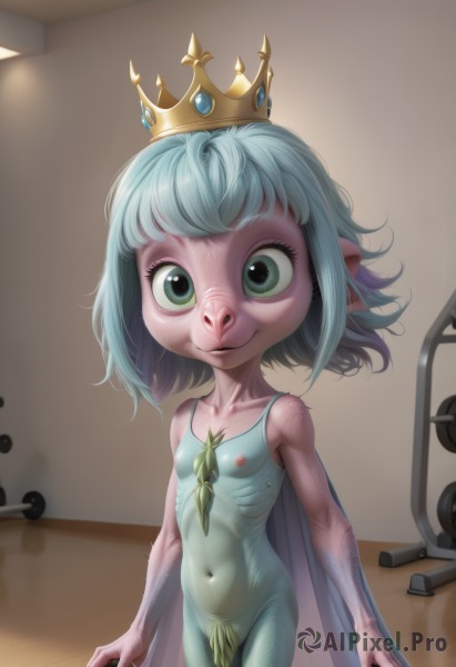 1girl,solo,looking at viewer,smile,short hair,bangs,navel,closed mouth,nipples,green eyes,blue hair,standing,collarbone,nude,cowboy shot,pointy ears,indoors,flat chest,covered nipples,see-through,loli,colored skin,crown,monster girl,freckles,pink skin,breasts,green hair,pussy,cape