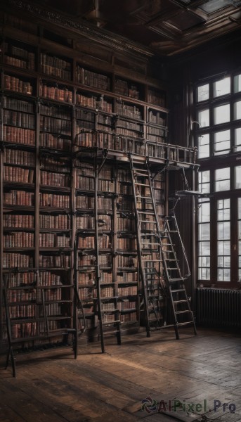 indoors,book,no humans,window,chair,sunlight,scenery,light rays,wooden floor,stairs,railing,bookshelf,shelf,library,ceiling,ladder,1girl,solo