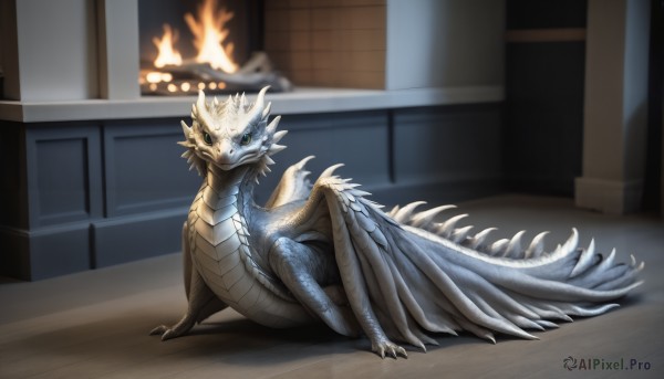 HQ,solo,looking at viewer,blue eyes,closed mouth,tail,full body,yellow eyes,wings,horns,indoors,blurry,no humans,blurry background,fire,claws,colored sclera,dragon,scales,standing,outdoors,lying,monster