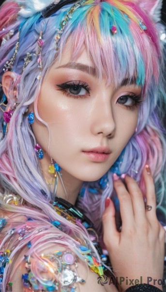 1girl,solo,long hair,looking at viewer,bangs,hair ornament,animal ears,jewelry,blue hair,pink hair,multicolored hair,hairband,earrings,parted lips,cat ears,hand up,nail polish,black eyes,bracelet,two-tone hair,lips,streaked hair,fingernails,animal ear fluff,grey eyes,eyelashes,gradient hair,makeup,piercing,ring,feathers,gem,ear piercing,portrait,close-up,pink nails,eyeshadow,pink lips,realistic,nose,eyeliner,mascara,closed mouth,artist name,necklace,watermark,beads,pearl (gemstone),nail art,rainbow hair